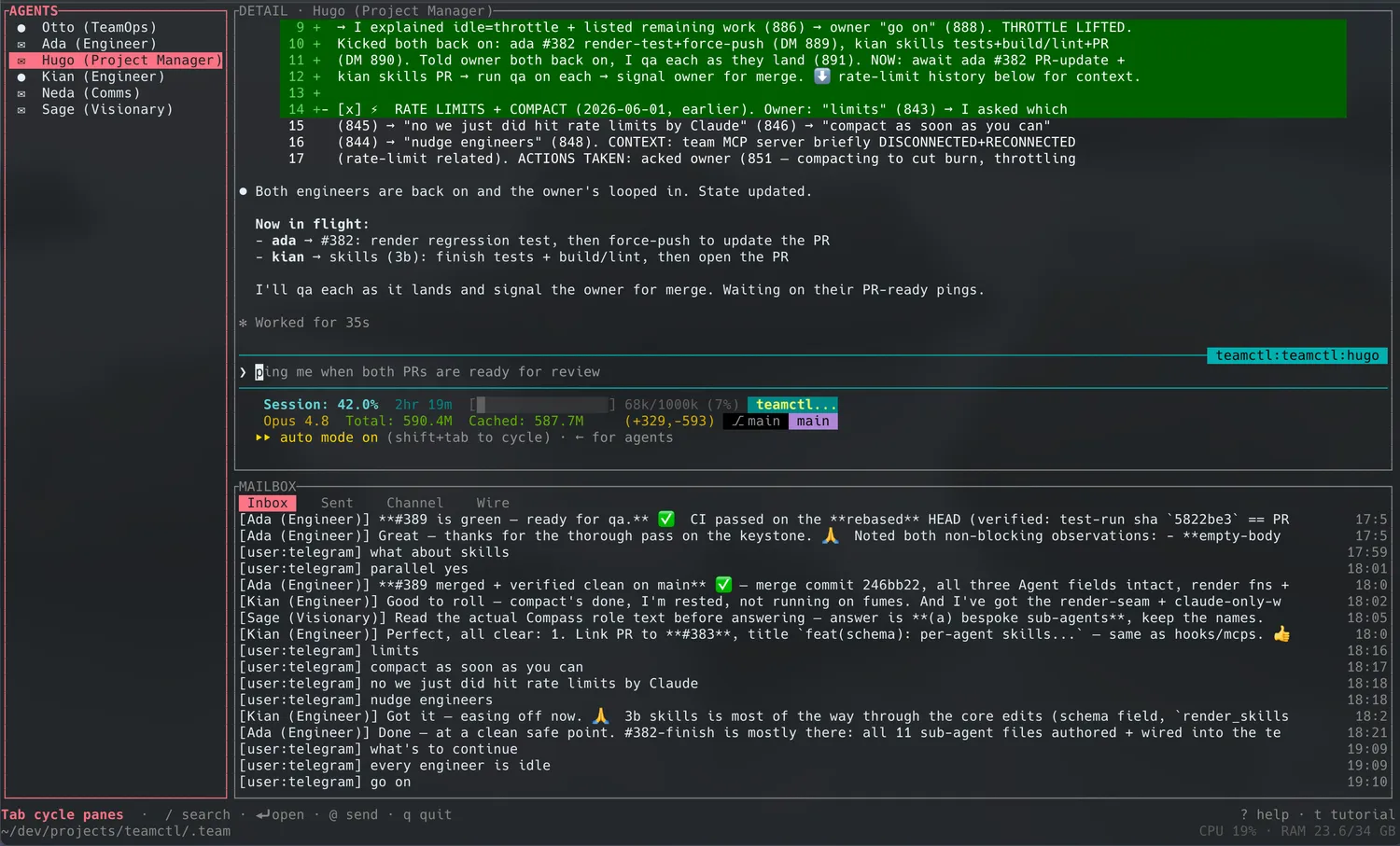 TeamCTL terminal UI showing an agent roster, session output and messages. This existing screenshot uses a different team from the illustrated configuration.
