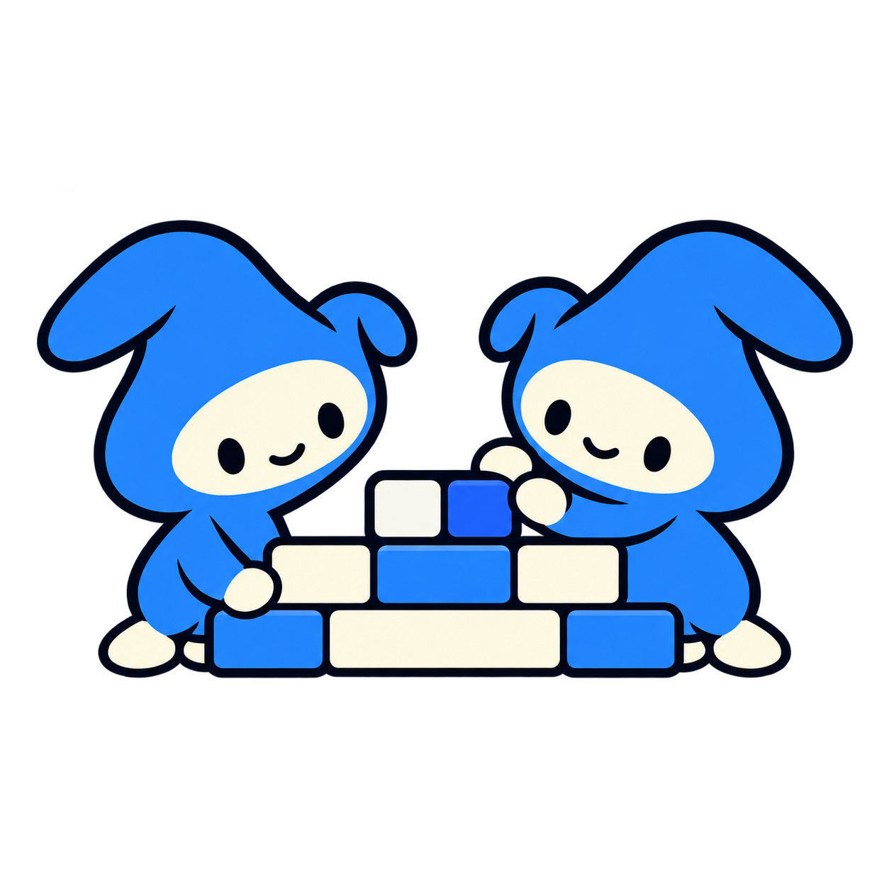 Two TeamCTL characters building one structure together from blue and cream blocks.